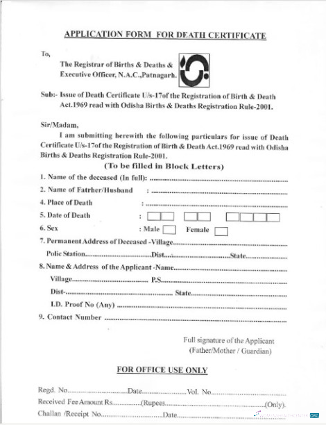 Download India Registrar of births and deaths of Patnagarh death certificate Photoshop template
